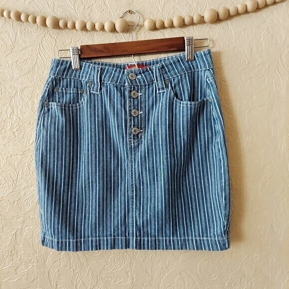 Dickies Railroad Striped Denim Mini Skirt Blue White Button Fly 5/27 - Picture 1 of 10